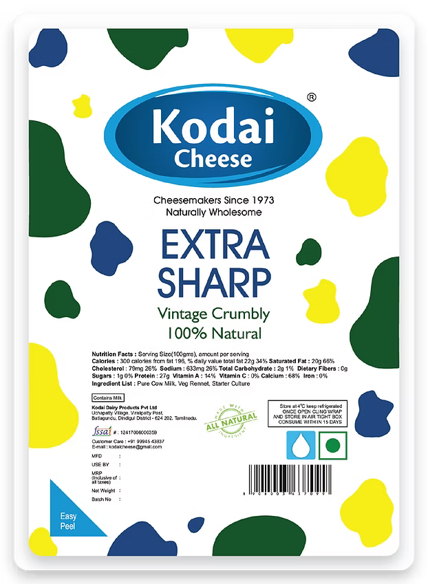 CHEDDAR - EXTRA SHARP (Kodai Dairy) | Natural  &  Organic