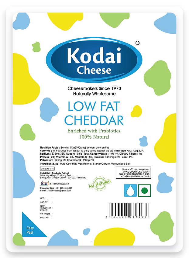 DIET CHEDDAR - LOW FAT (Kodai Dairy) | Natural  &  Organic